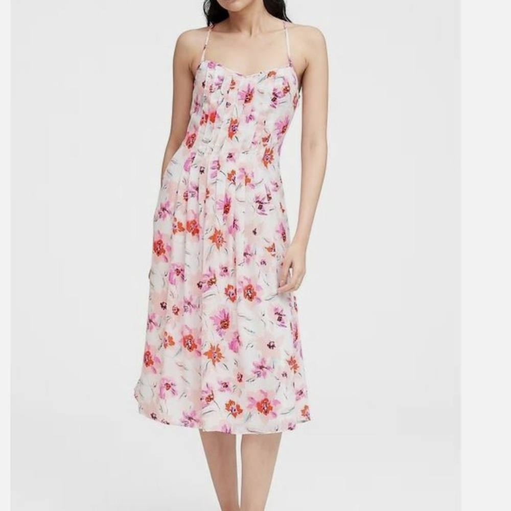 Banana Republic Pintuck White Pink Floral Spaghetti Straps Cross Midi Dress 4P
